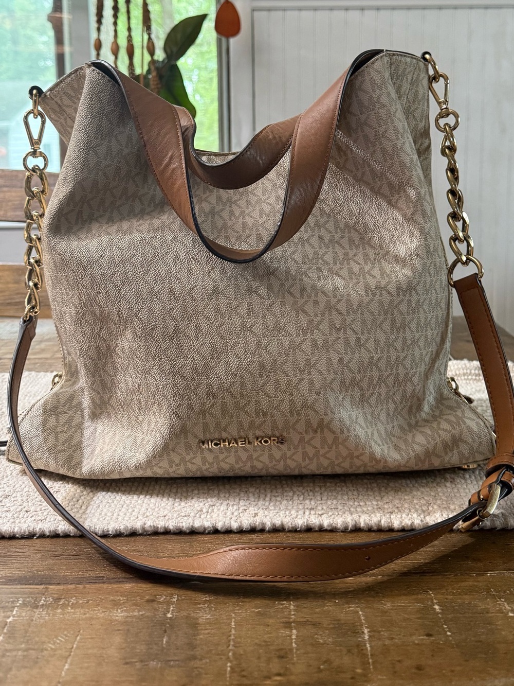 Michael Kors Signature Devon Beige Large Tote with Tan Leather Trim